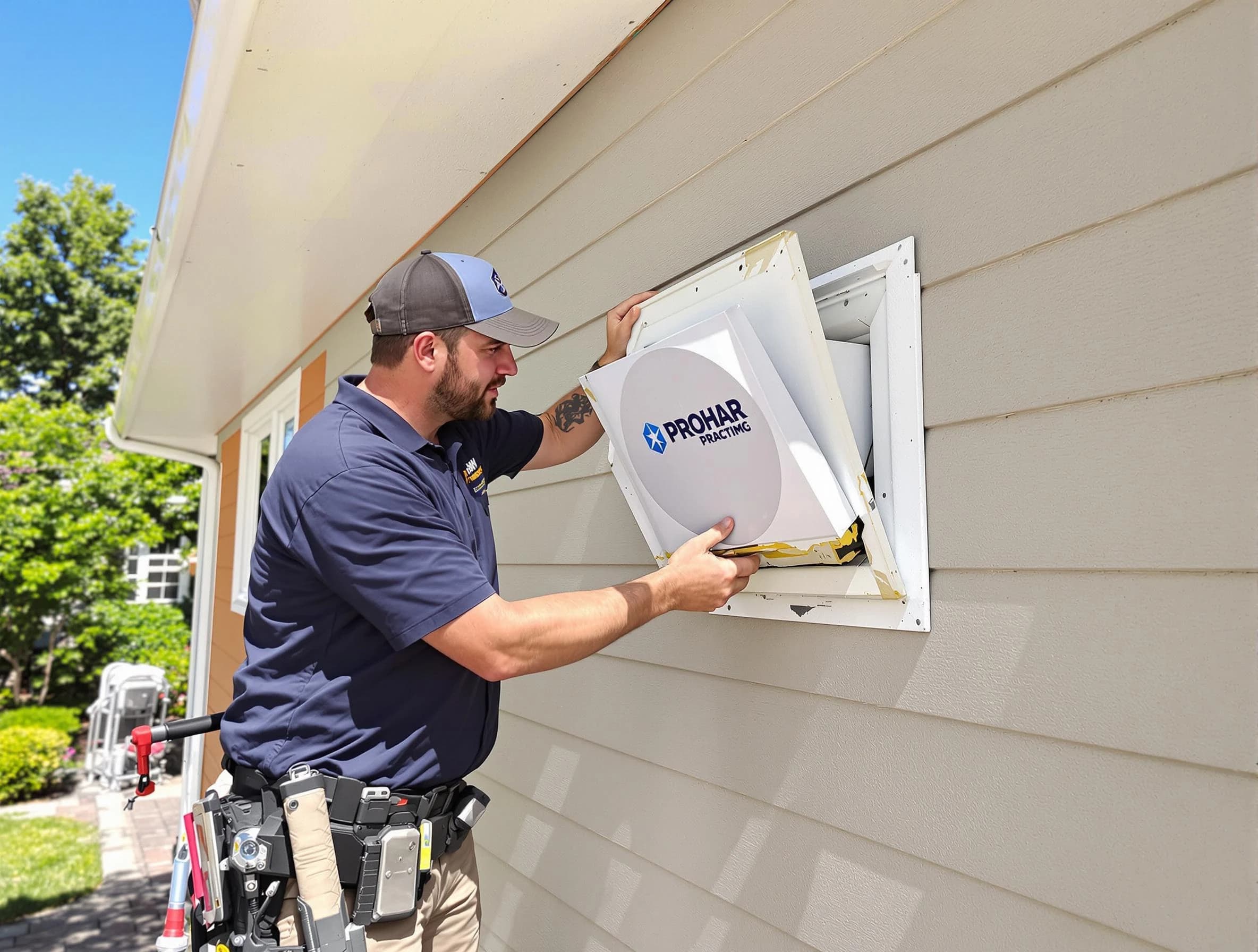 Moody Dryer Vent Cleaning technician installing a new protective dryer vent cover on a home in Moody