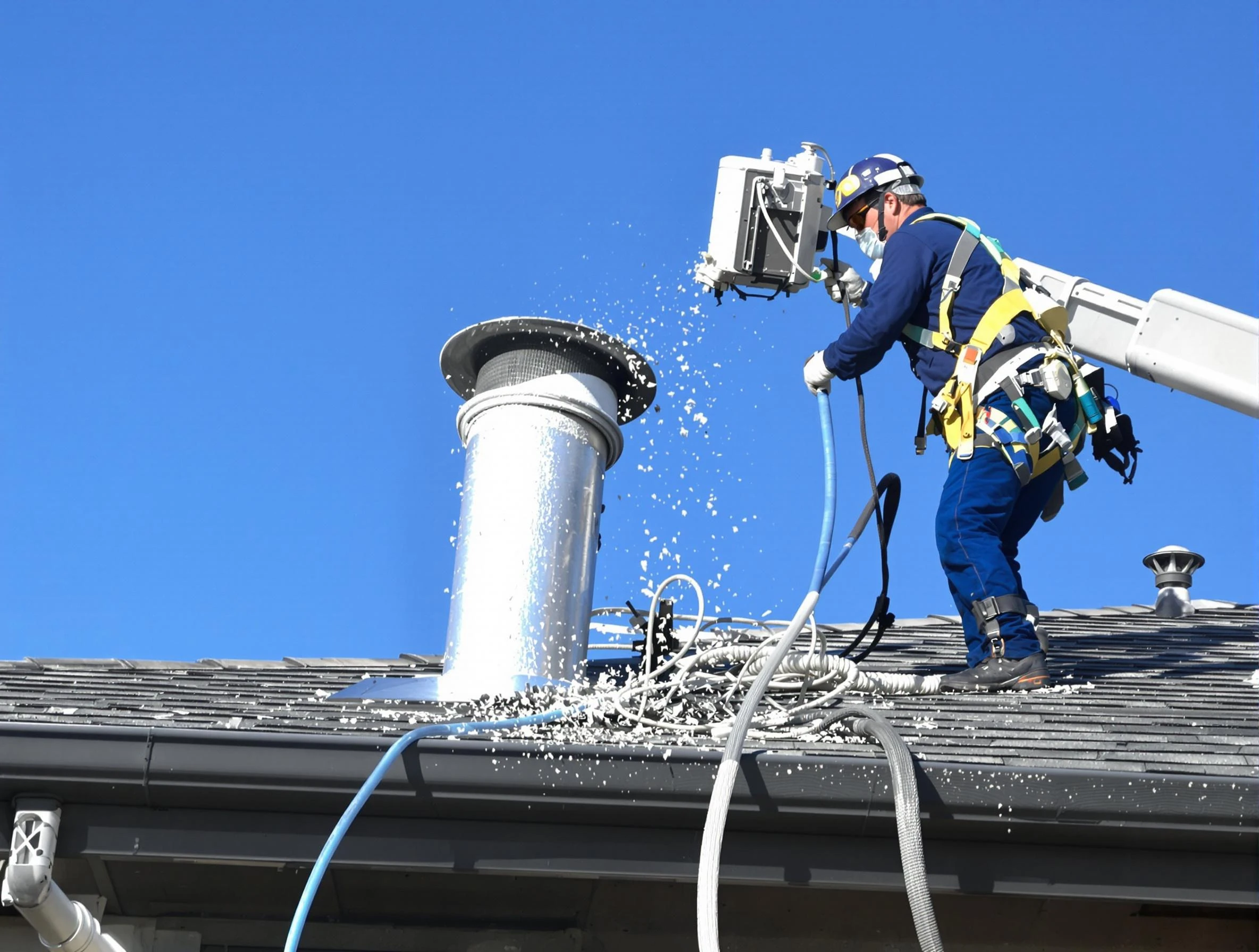 Moody Dryer Vent Cleaning certified technician safely cleaning a roof-mounted dryer vent in Moody